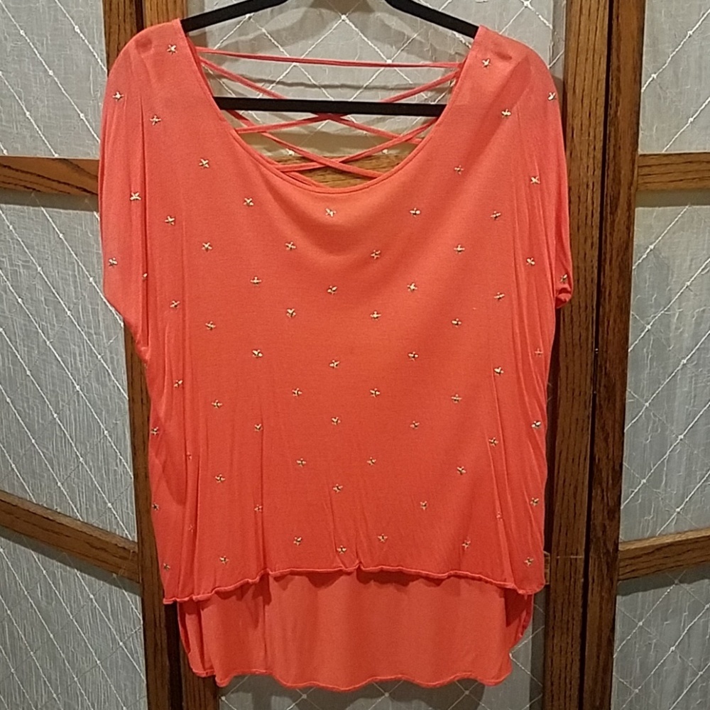 E (Hanger) M Women's Size Large Shirt Blouse Coral Stars Open Back Blouse